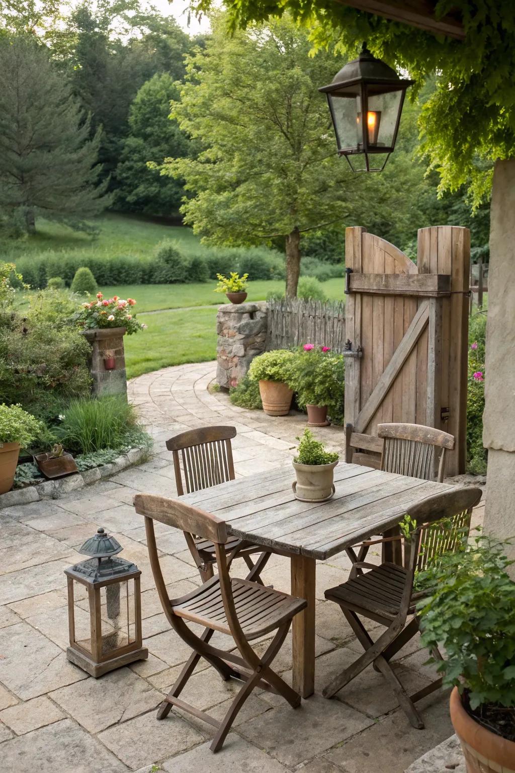 An antiqued stain adds timeless charm to outdoor spaces.
