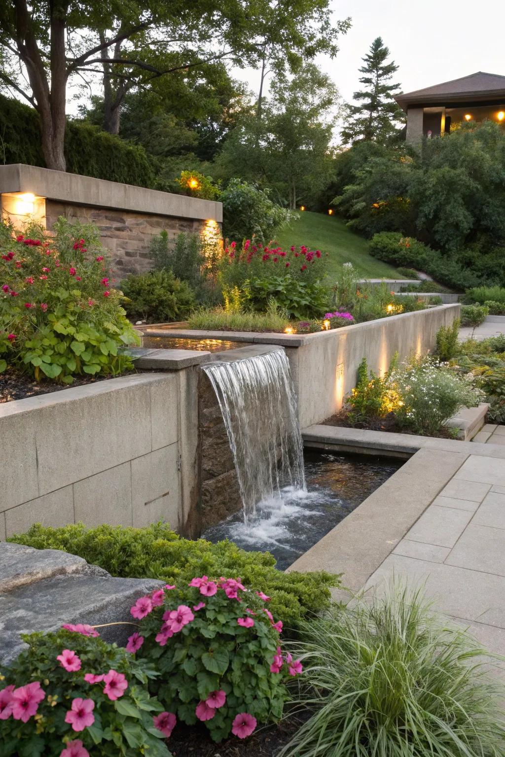 A serene garden oasis featuring a concrete waterfall.