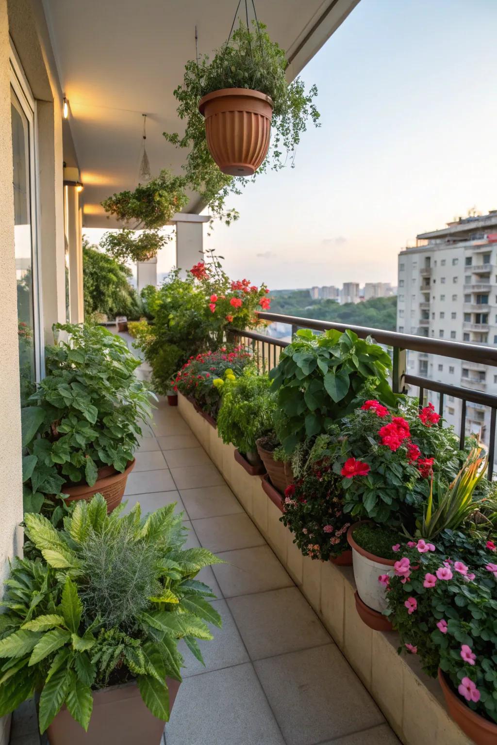 Create a garden paradise on your balcony with a variety of potted plants.