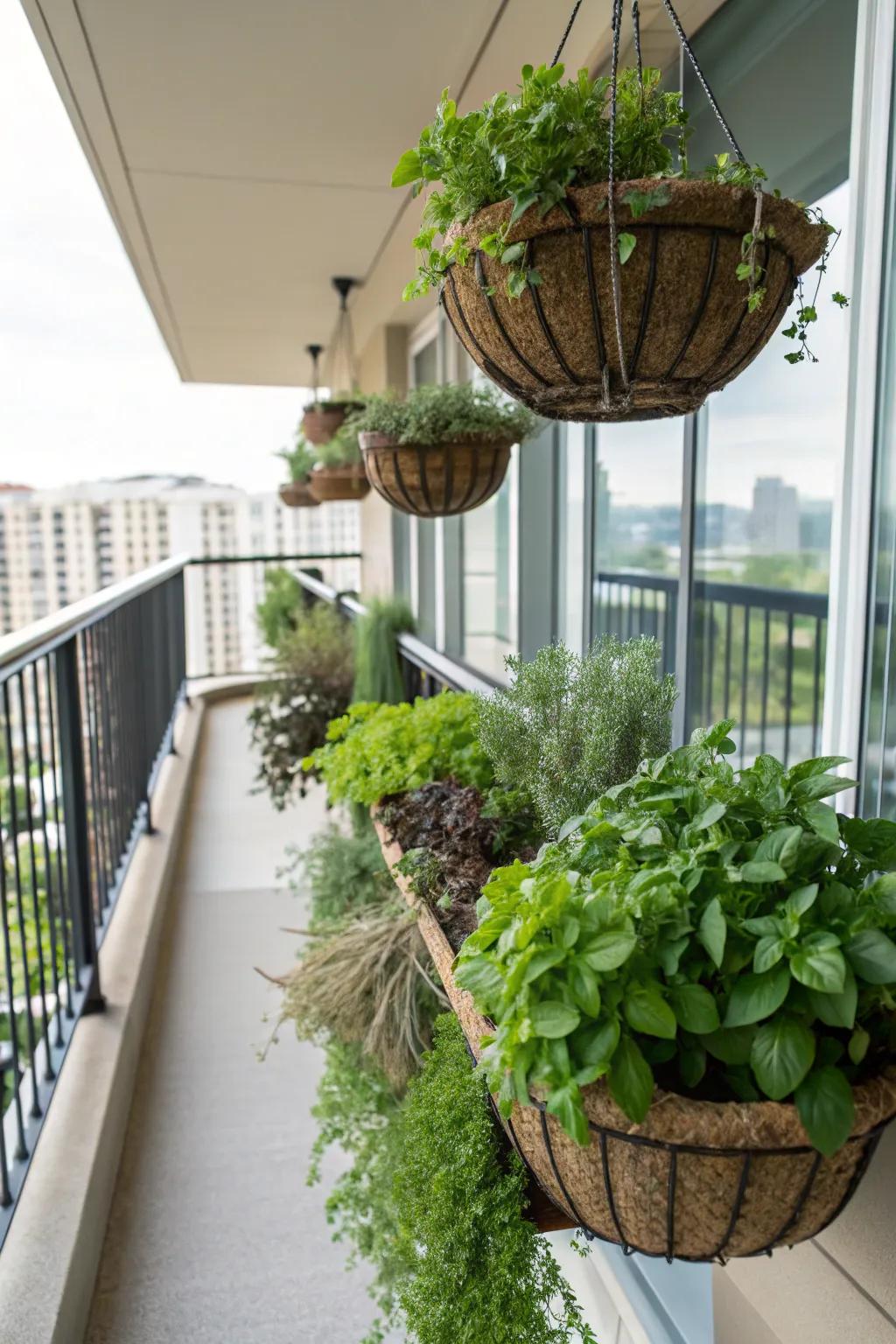 Herbs growing in hanging baskets on the balcony
