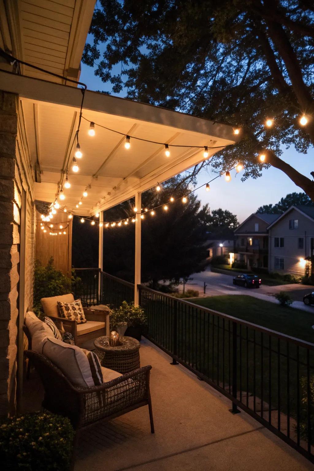 A condo patio glowing softly under string lights in the evening.