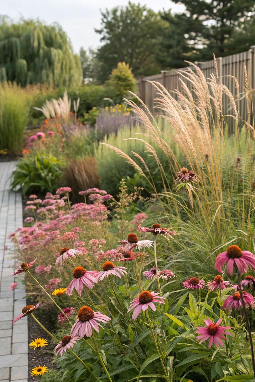 A textured garden featuring coneflowers and ornamental grasses.