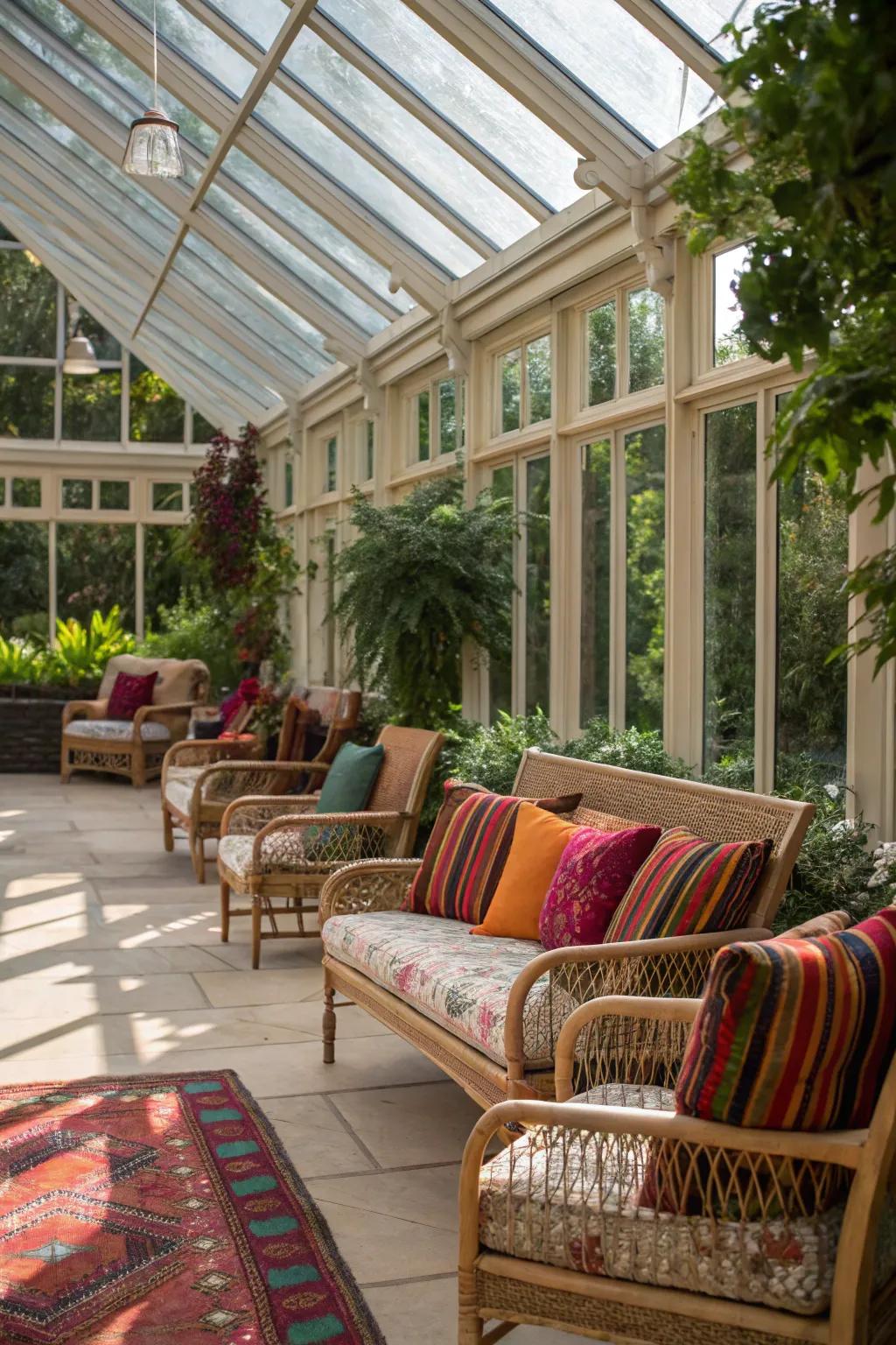 Comfy seating with vibrant cushions and throws for extra coziness.
