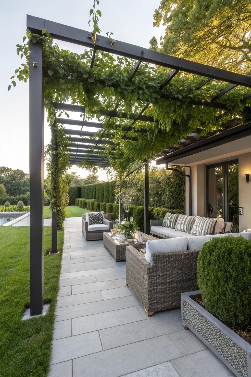 A patio featuring a sleek pergola structure.