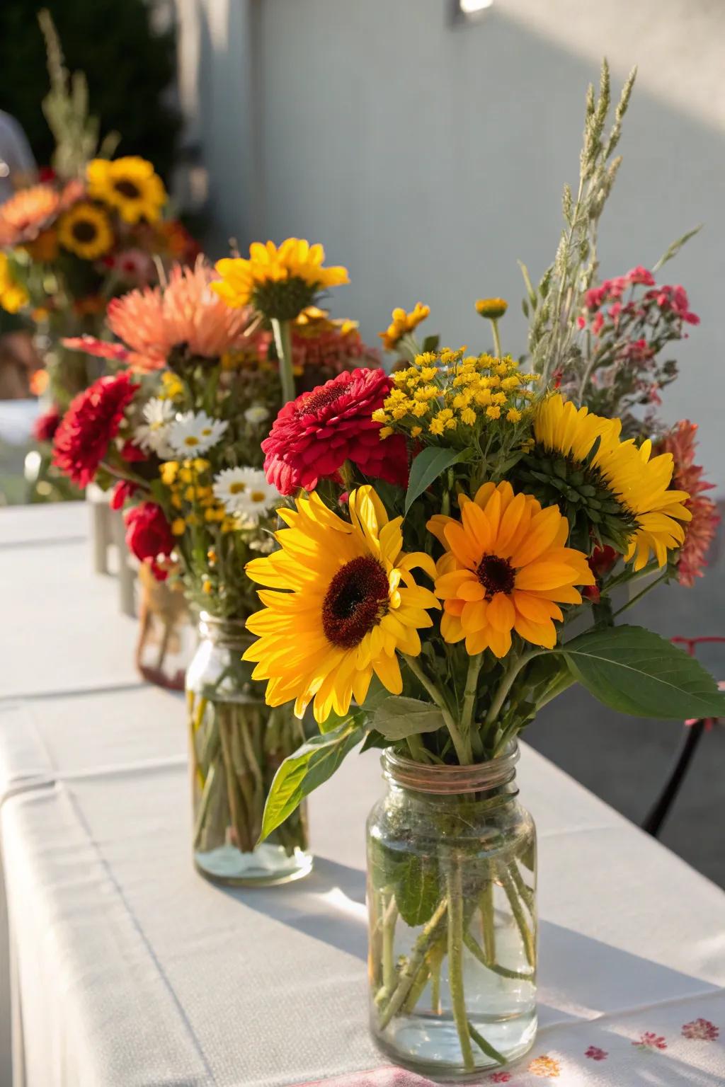 Sunflowers and wildflowers bringing a burst of color to the cookout decor.