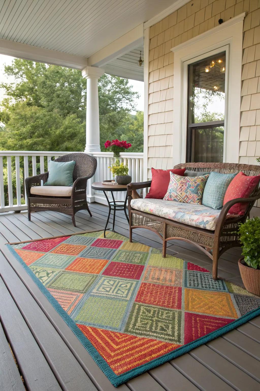 Tie your porch decor together with a cozy outdoor rug.