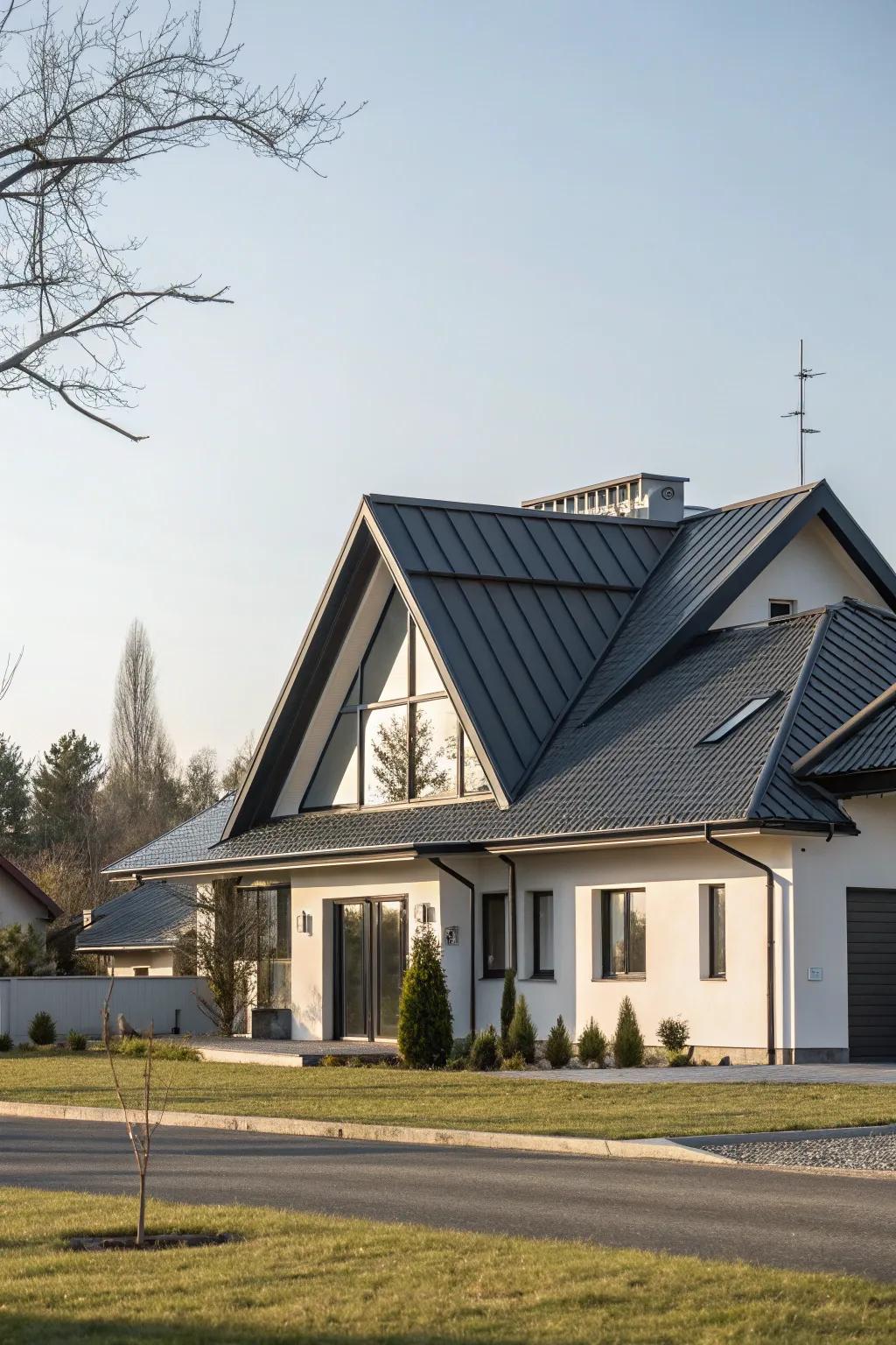 A home with a modern roof design featuring sleek angles.