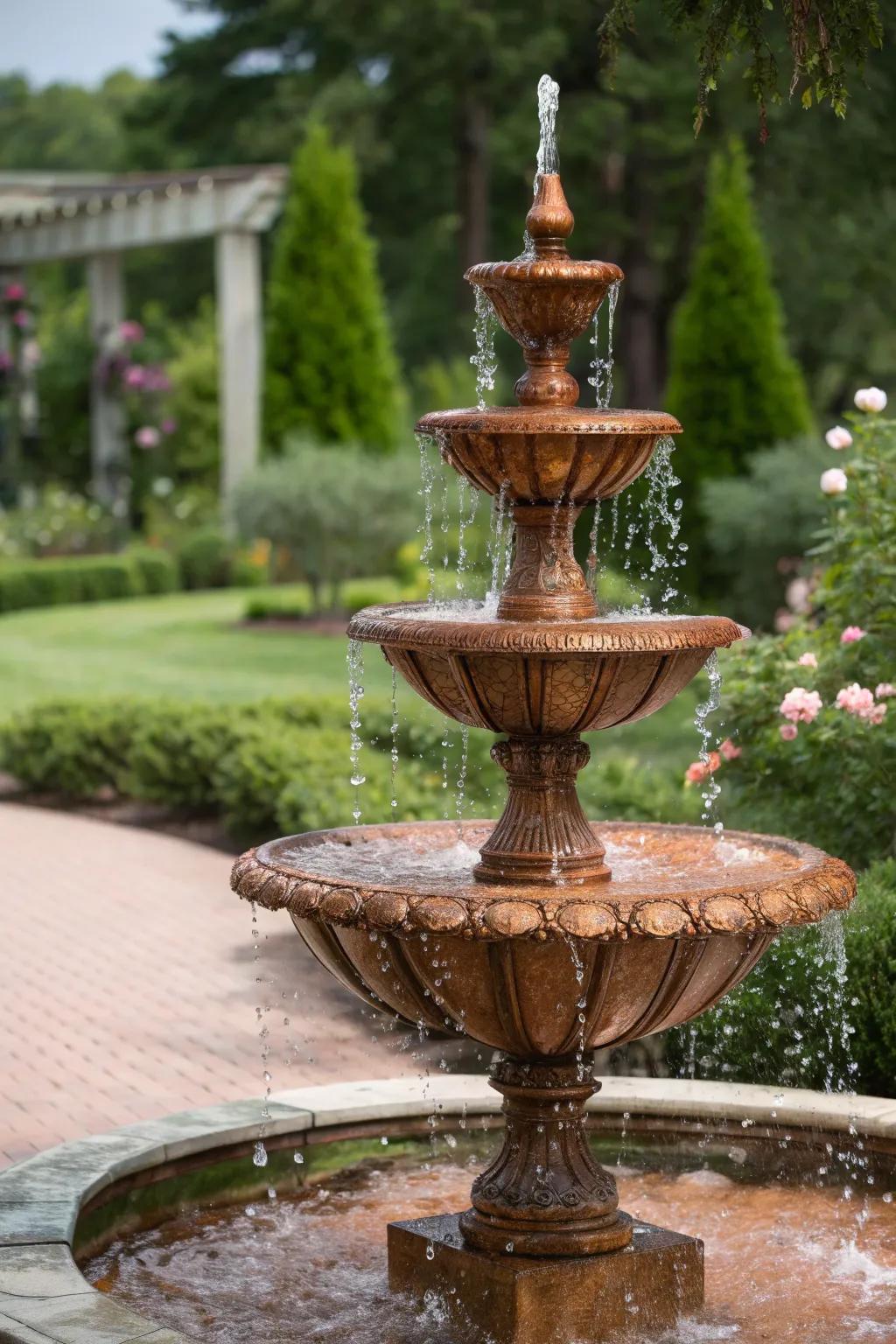 A multi-tiered copper fountain creating a cascading water effect.