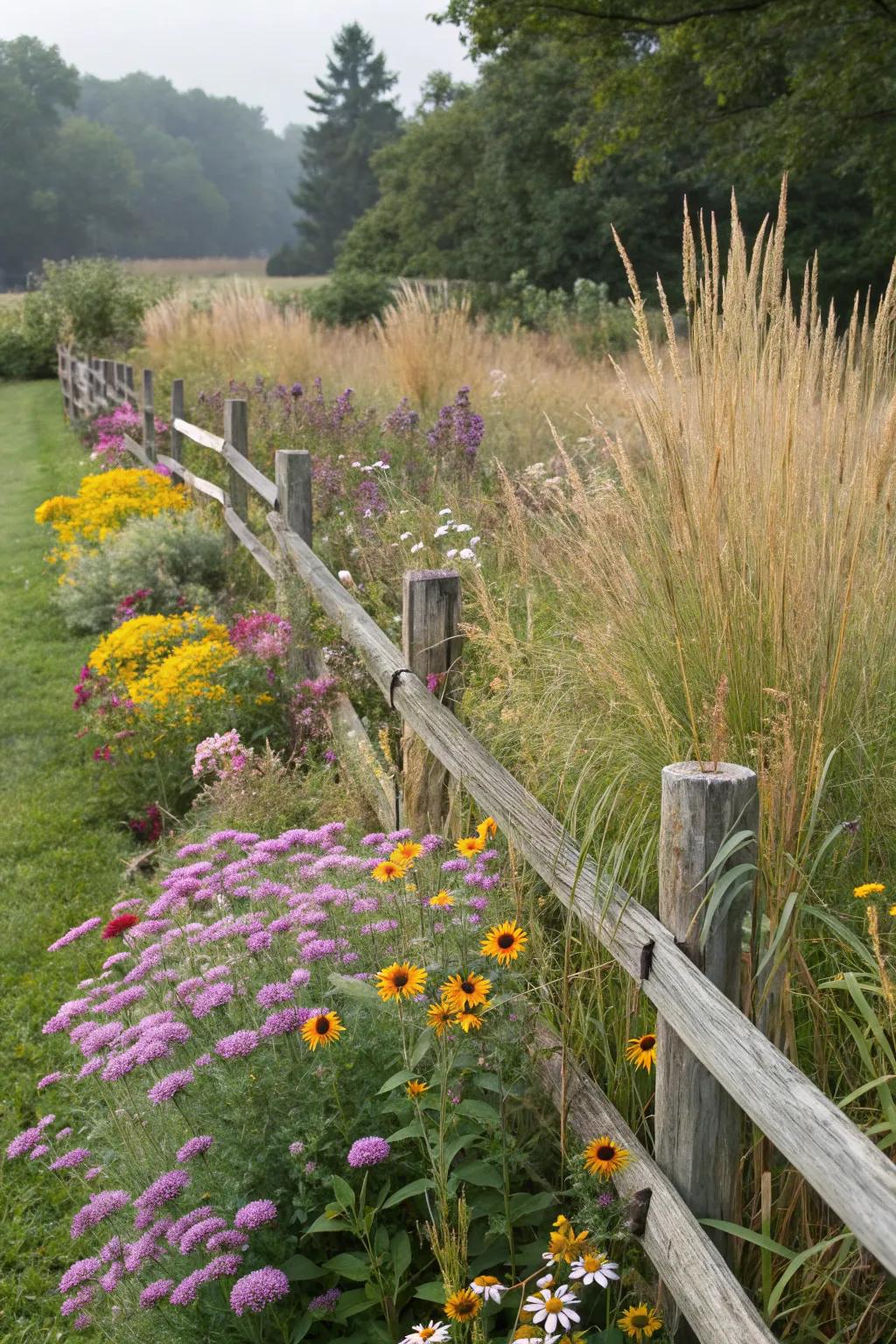 Rustic split rail fencing brings countryside charm to any garden.
