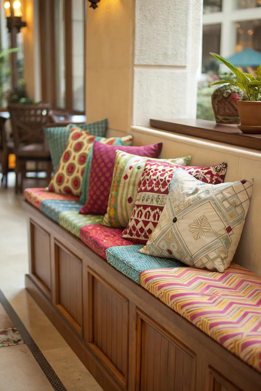 A vibrant display of cushions on a cozy corner bench.
