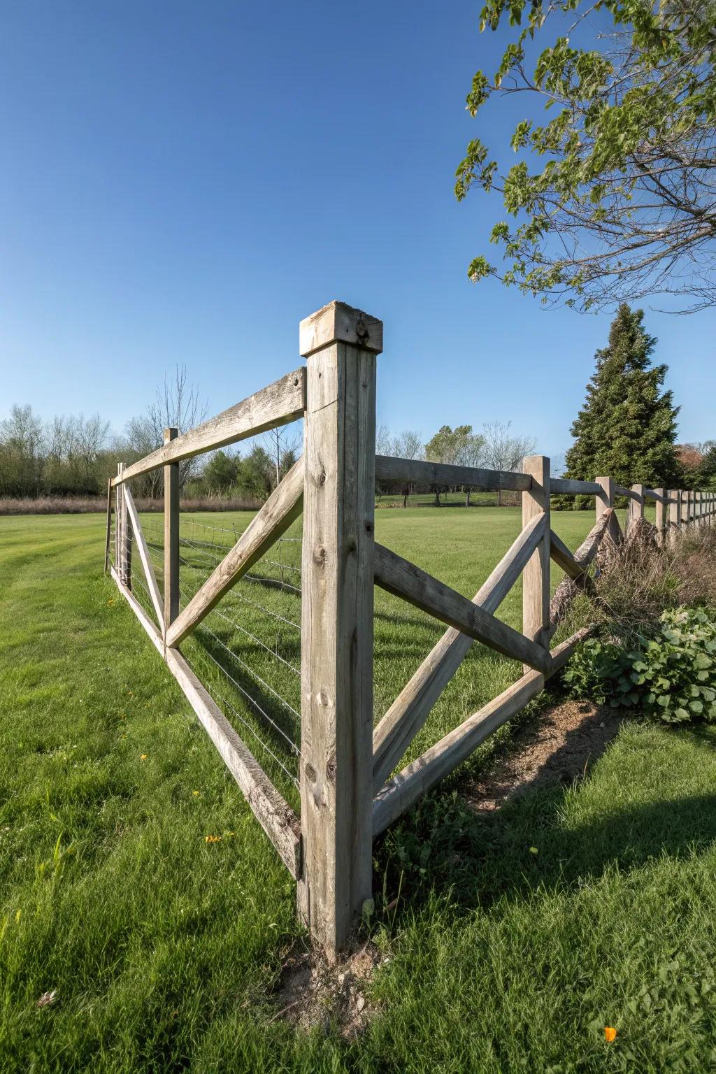 Diagonal bracing enhances the stability of fence corners.