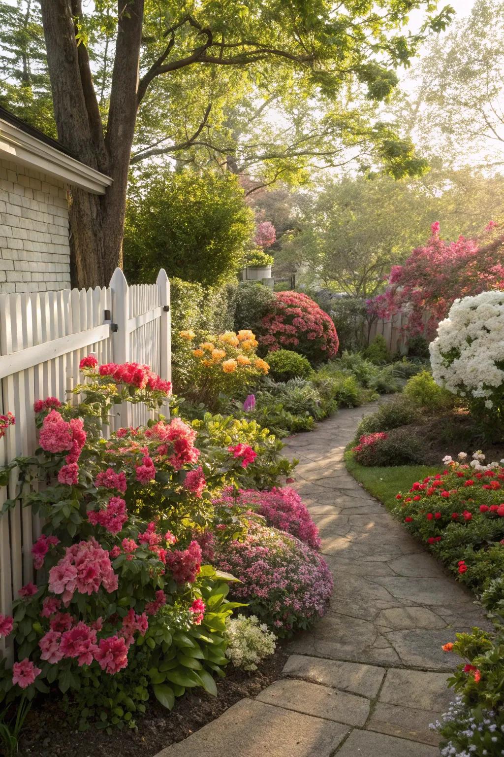 Diverse plants bring vibrant colors and textures to corner gardens.