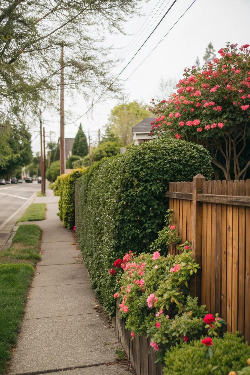 Enhance your fence with hedges for a lush, natural barrier.