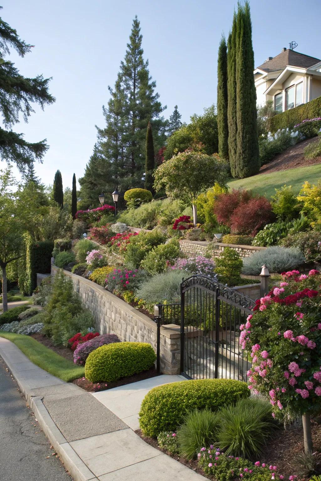 Layered plantings add depth and privacy to a corner lot.