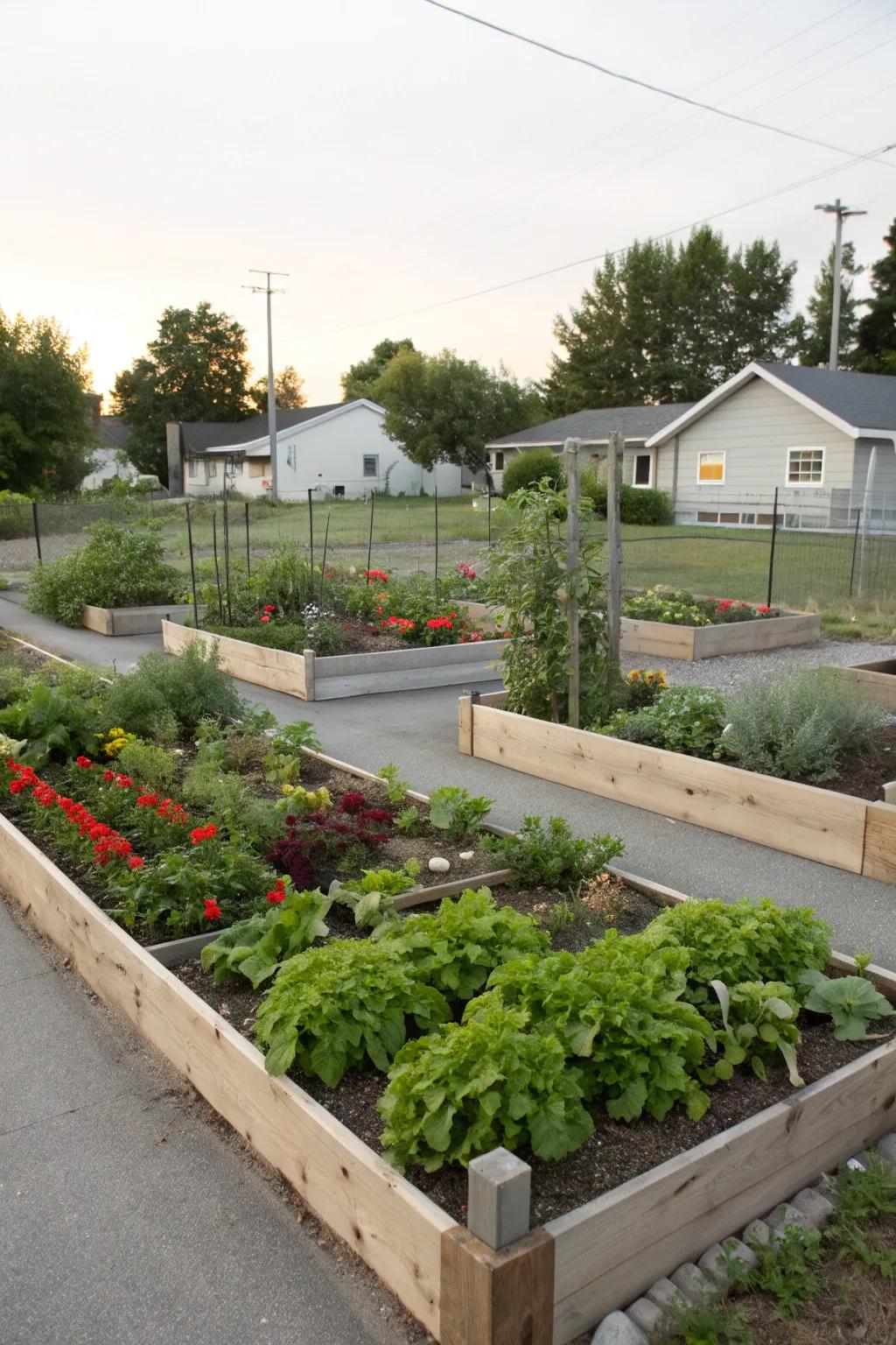 A productive raised vegetable garden adding charm and utility to a corner lot.
