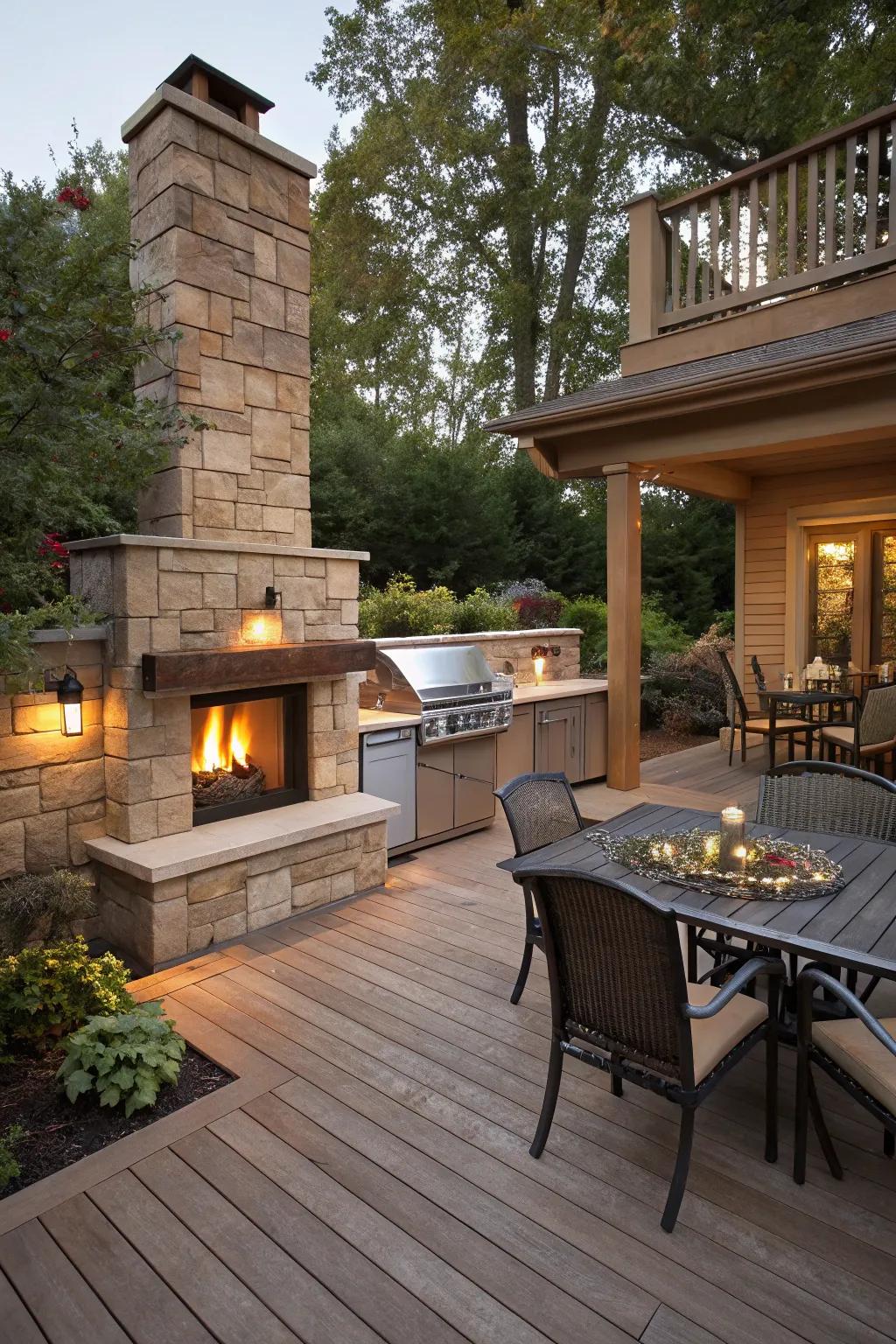 A dual-function corner fireplace with an integrated grill station.