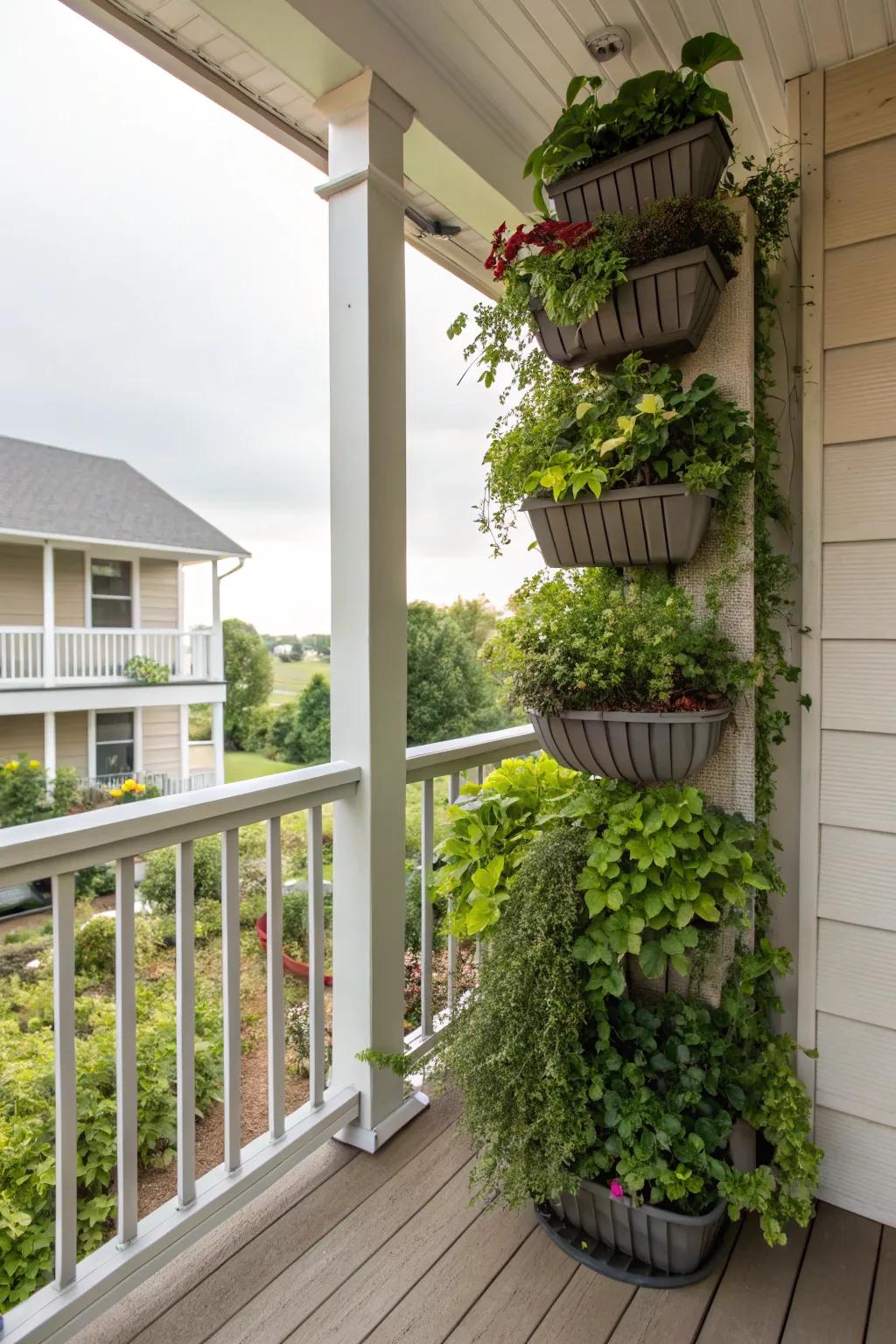 A lush vertical garden on a corner porch.