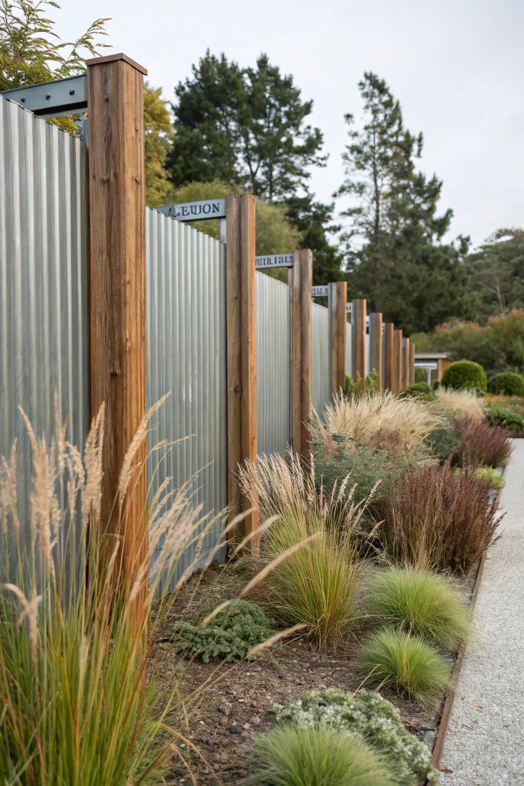 Vertical corrugated metal panels create an impressive garden backdrop.