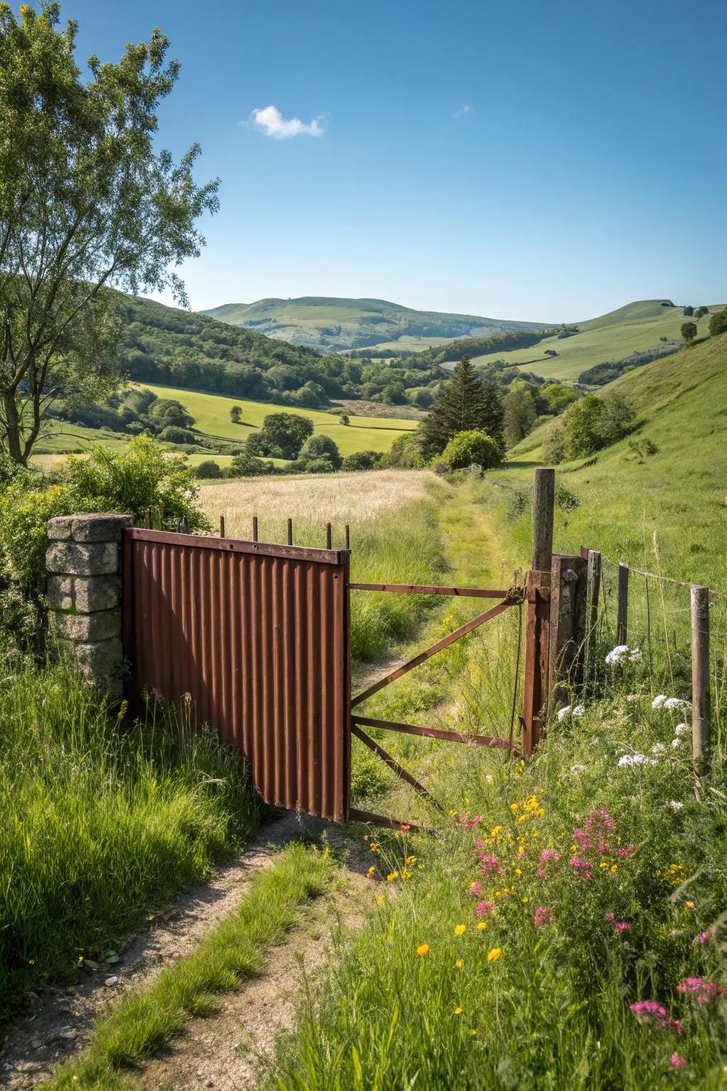 A gate with a rustic charm that complements the landscape.