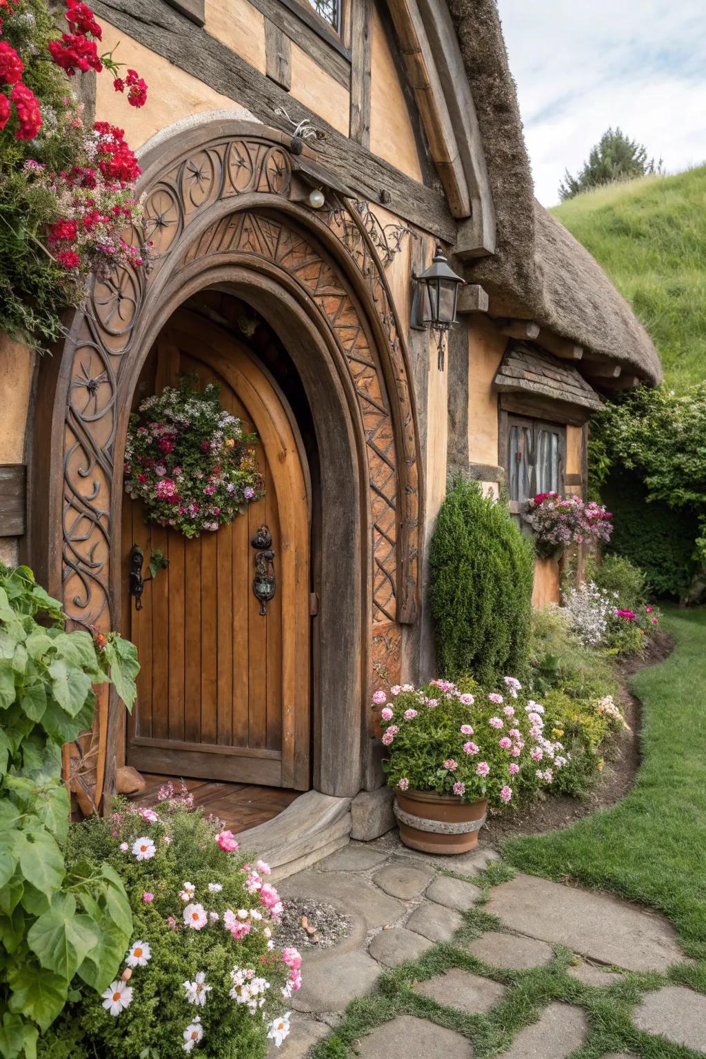 An enchanting arched door with intricate woodwork.