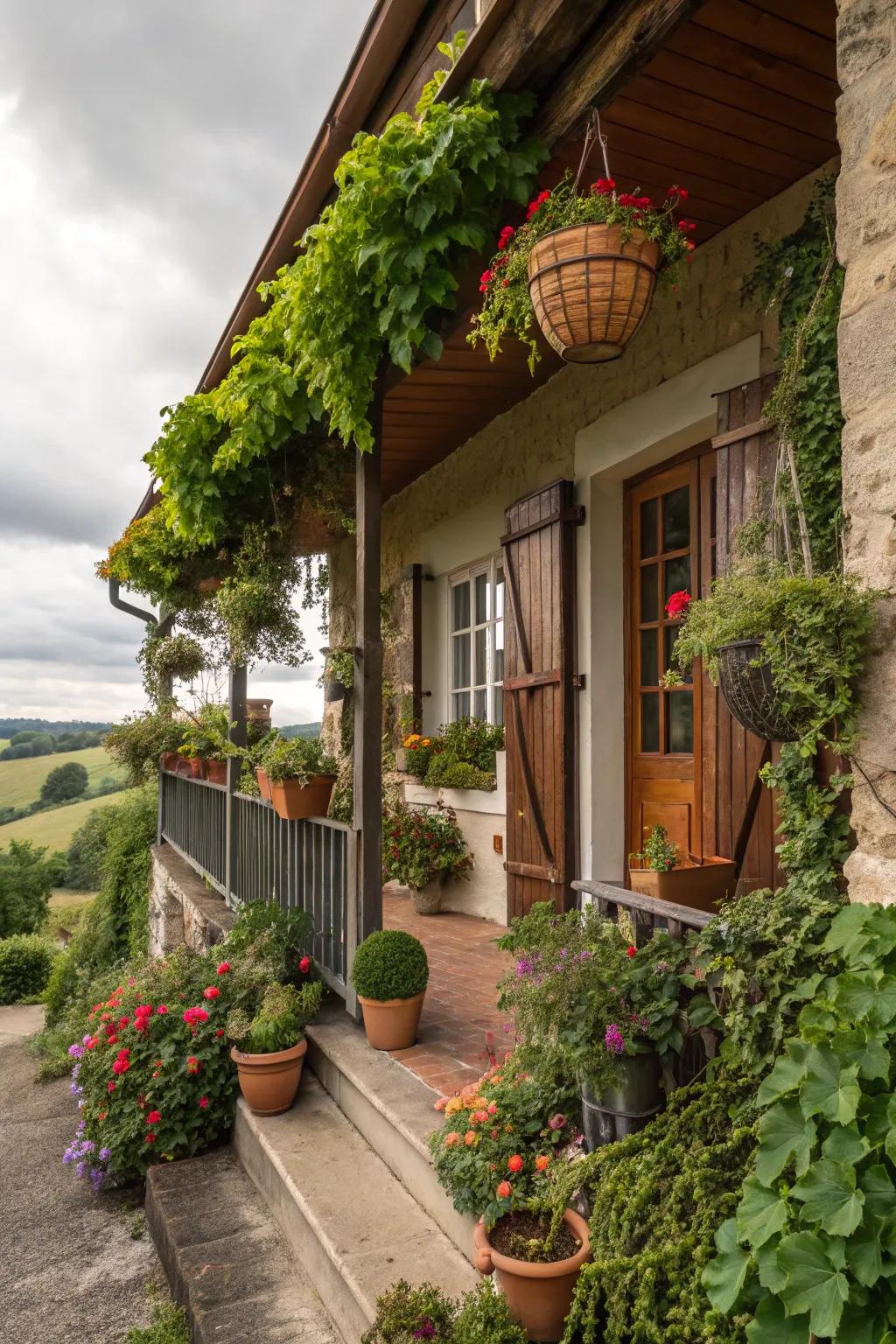 A lush cottage porch adorned with a variety of plants.