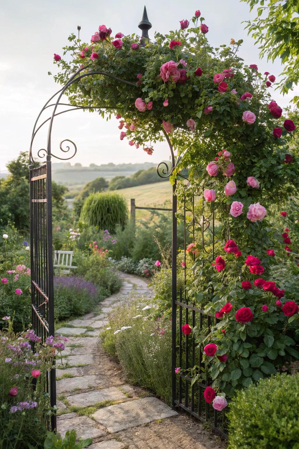 A decorative iron trellis adorned with climbing roses.