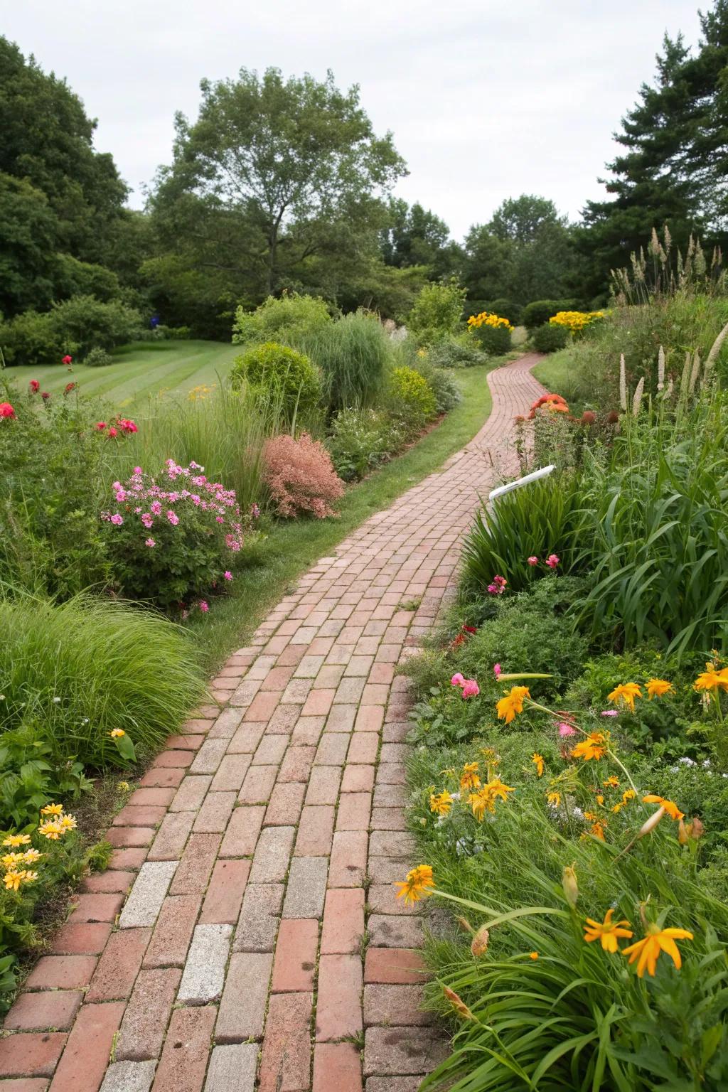 Brick pavers adding vintage charm to a lush garden pathway.