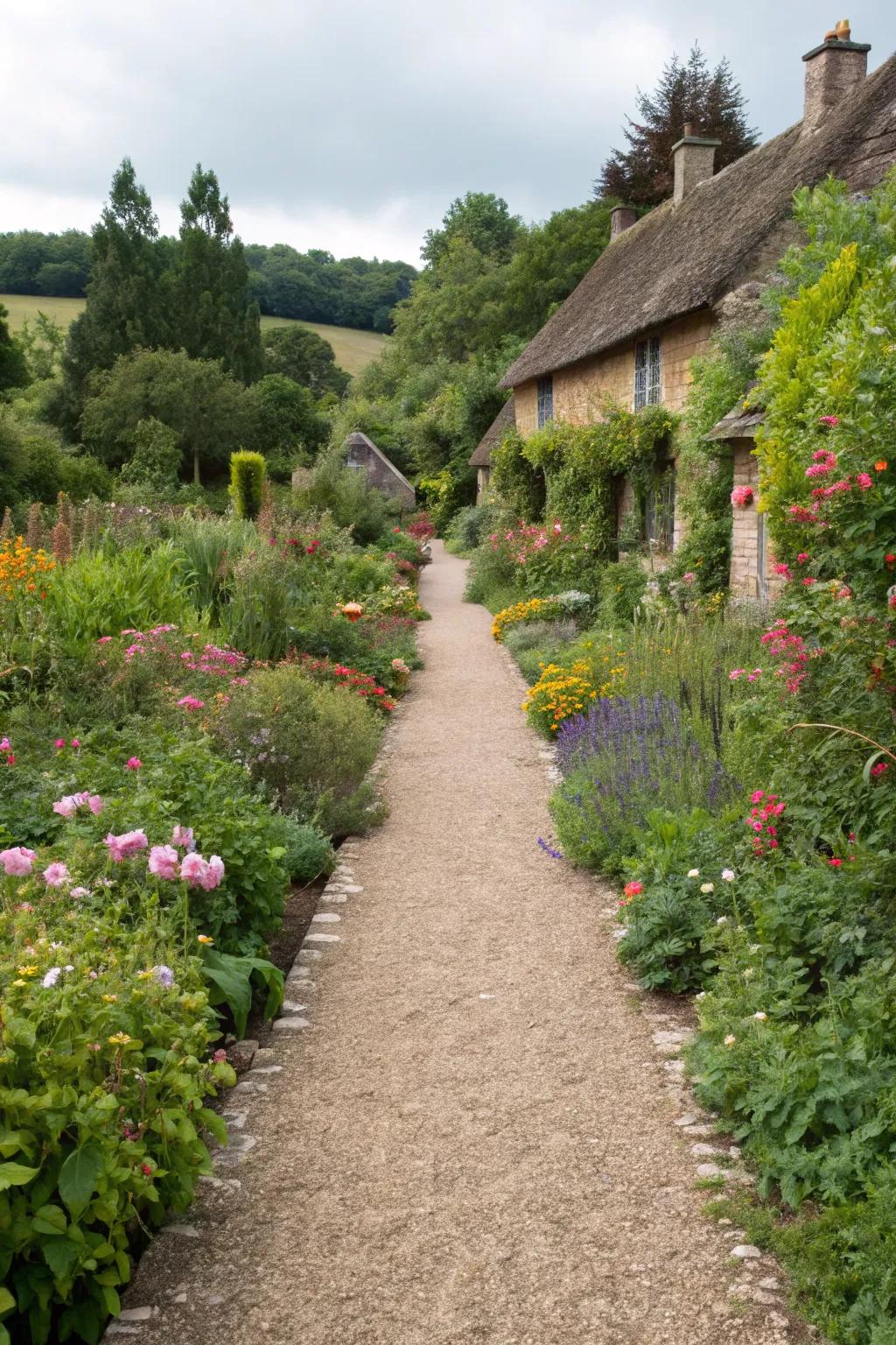 A cozy gravel path meandering through a lush cottage garden.