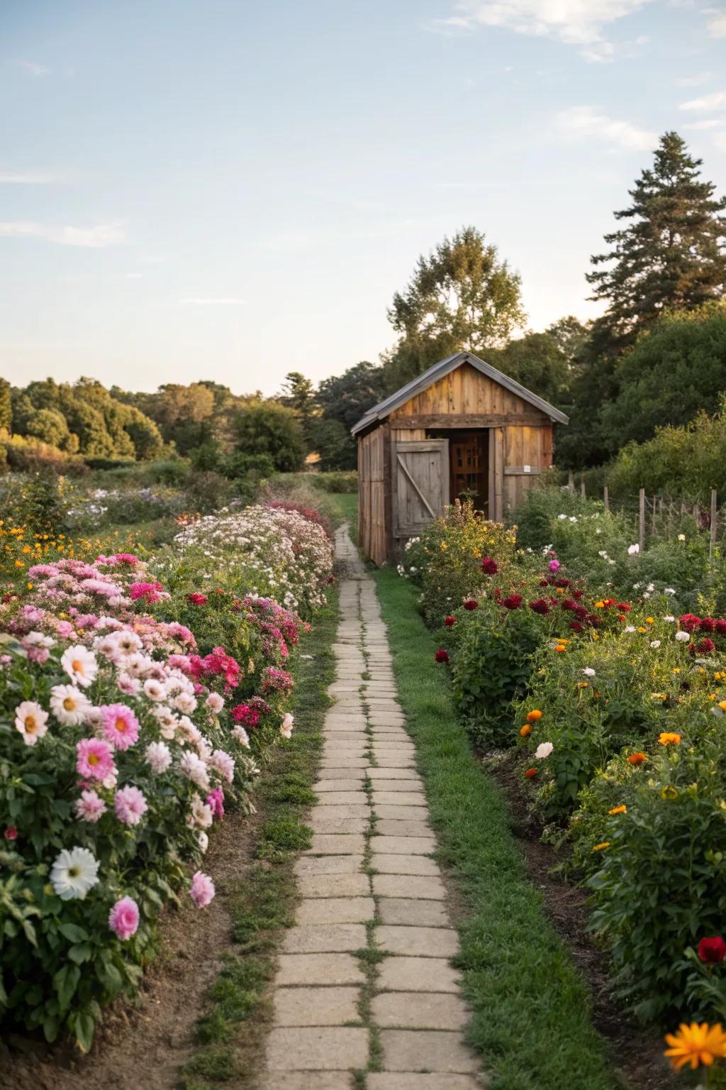 A flower-lined path creates an inviting entrance to the garden shed.