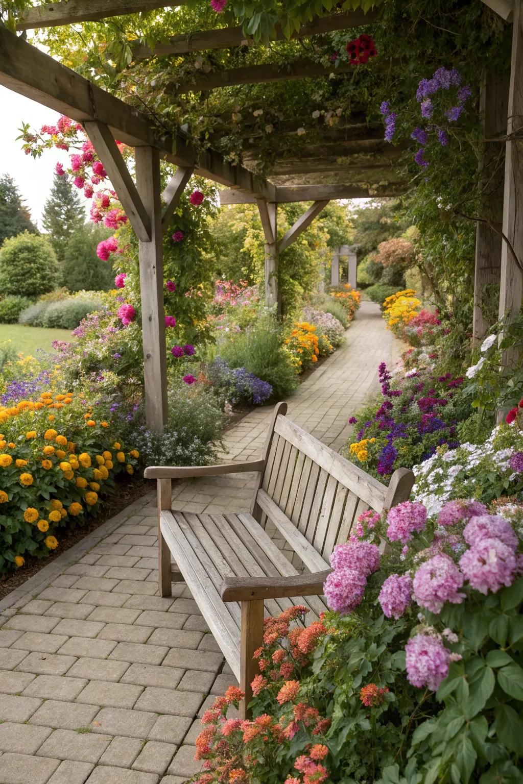 A wooden bench nestled among flower beds in a cottage garden.