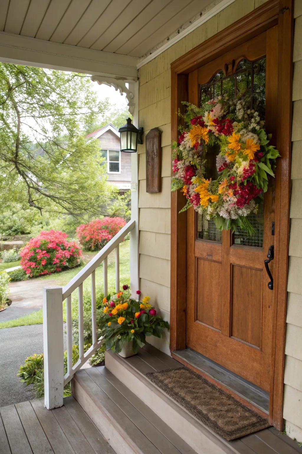 A floral wreath adds seasonal charm to your cottage porch.