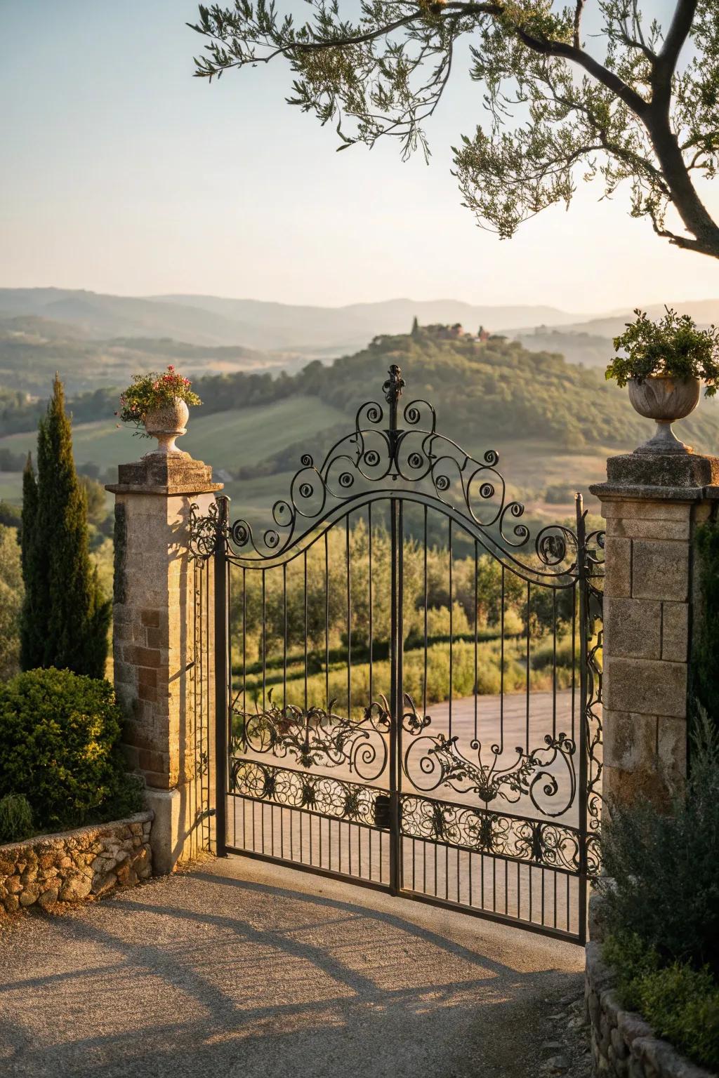 Intricately designed wrought iron gate creating an elegant entrance.