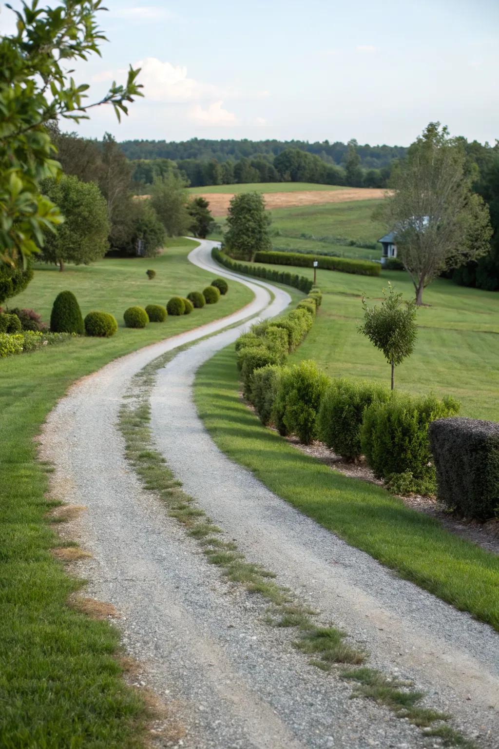 A gravel driveway with lush green borders, offering a clean and inviting appearance.