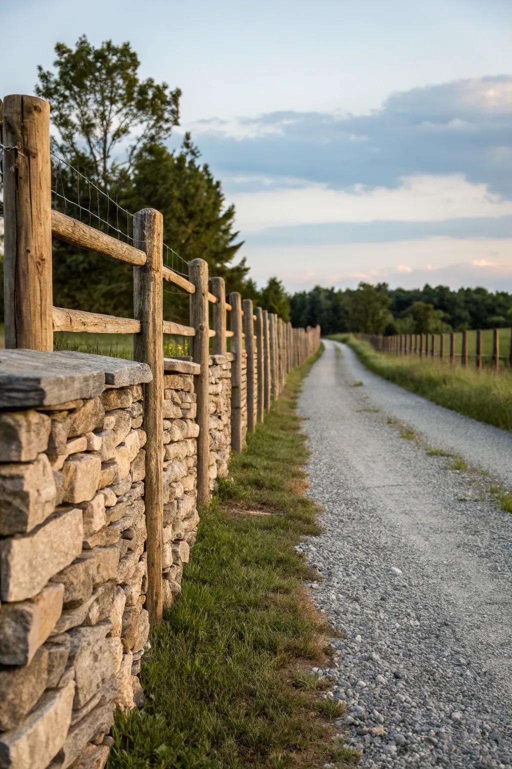 A stone and wood fence provides durability and charm.