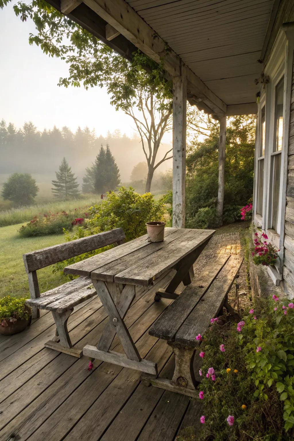 Weathered wooden furniture adds rustic charm to the porch.