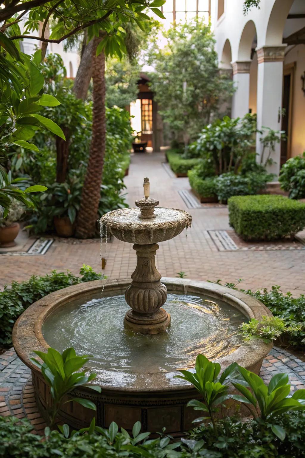 A serene water feature adds tranquility to any courtyard garden.