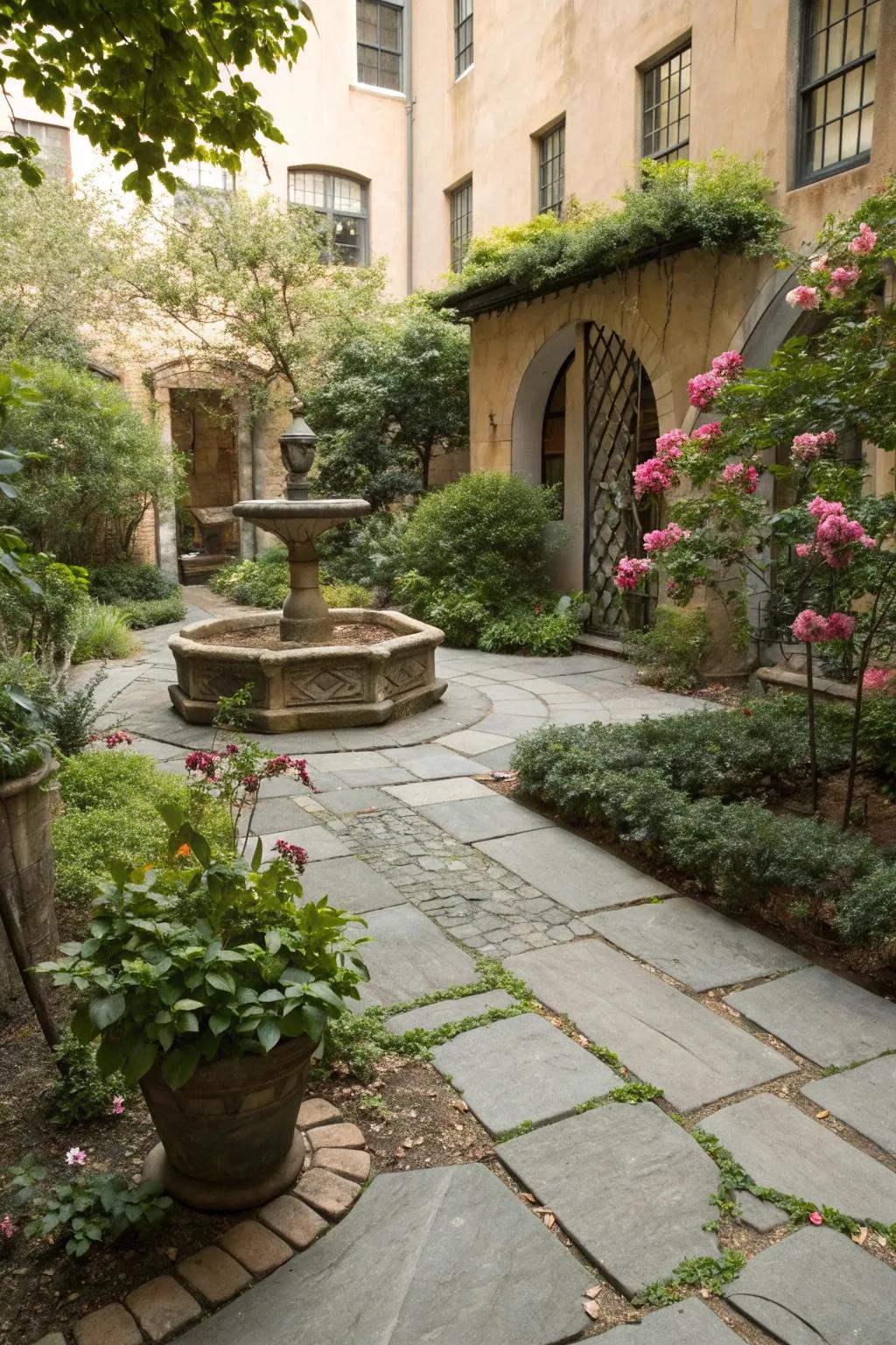 A courtyard where natural elements blend seamlessly with paving.