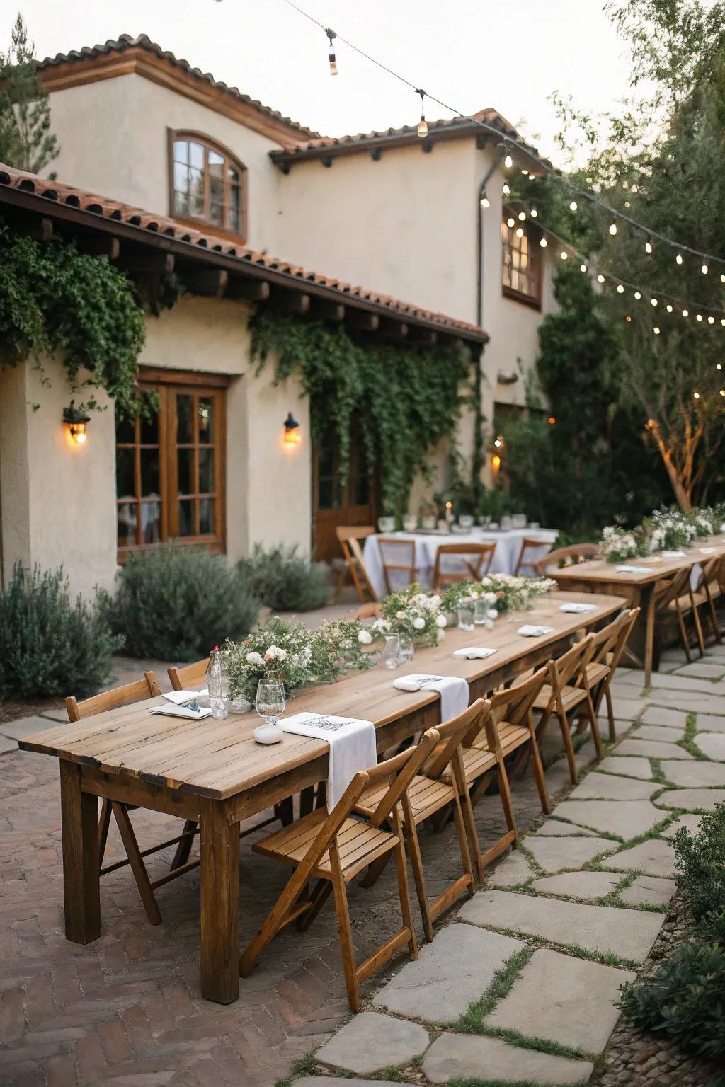 Rustic wooden tables and chairs add a touch of timeless charm.
