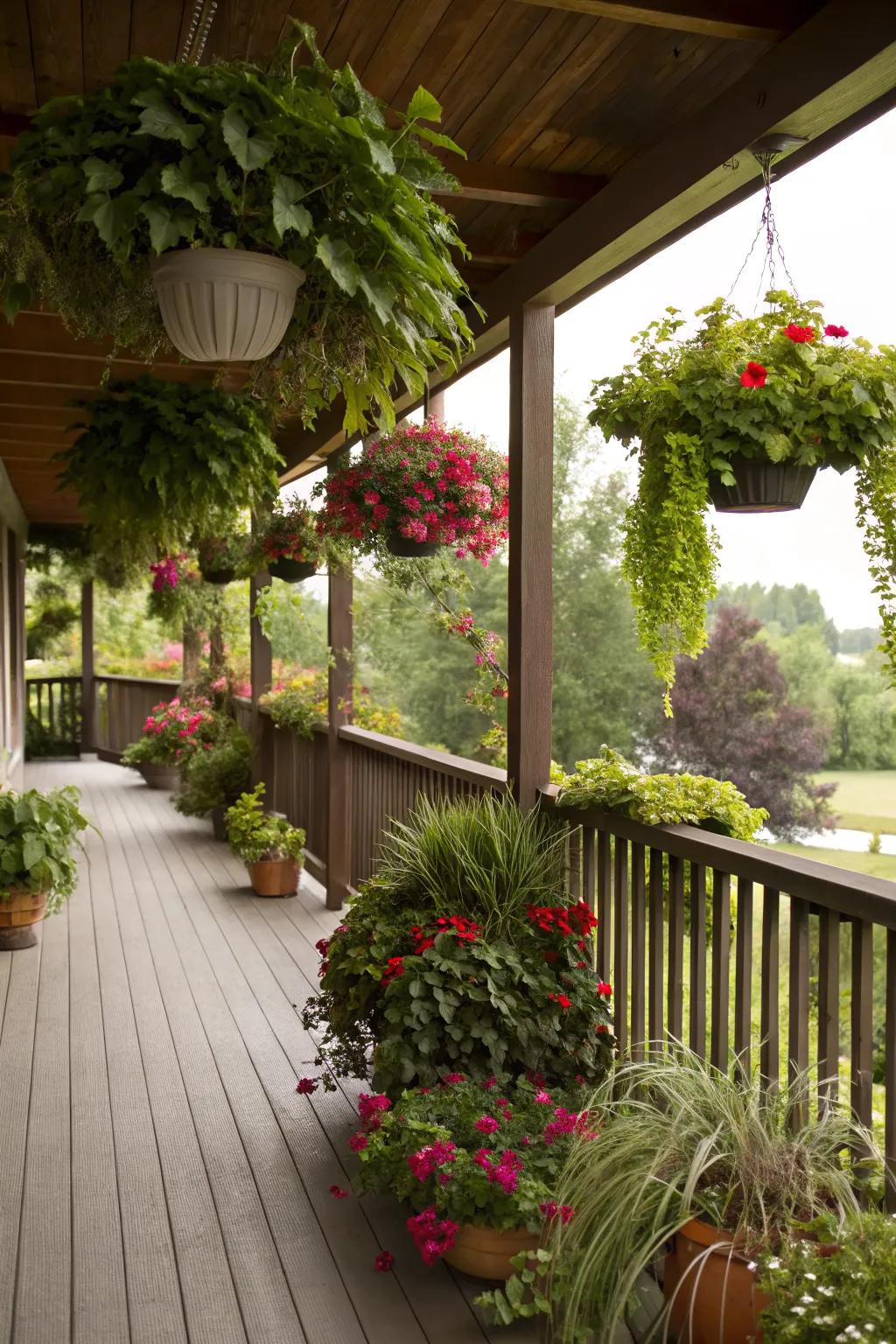 Lush greenery enhances the natural feel of a covered deck.