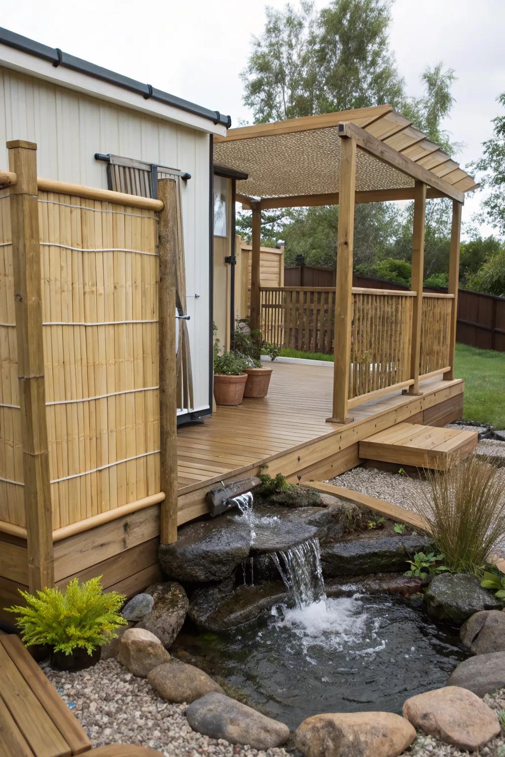 Zen-inspired deck with bamboo accents and a calming water feature.
