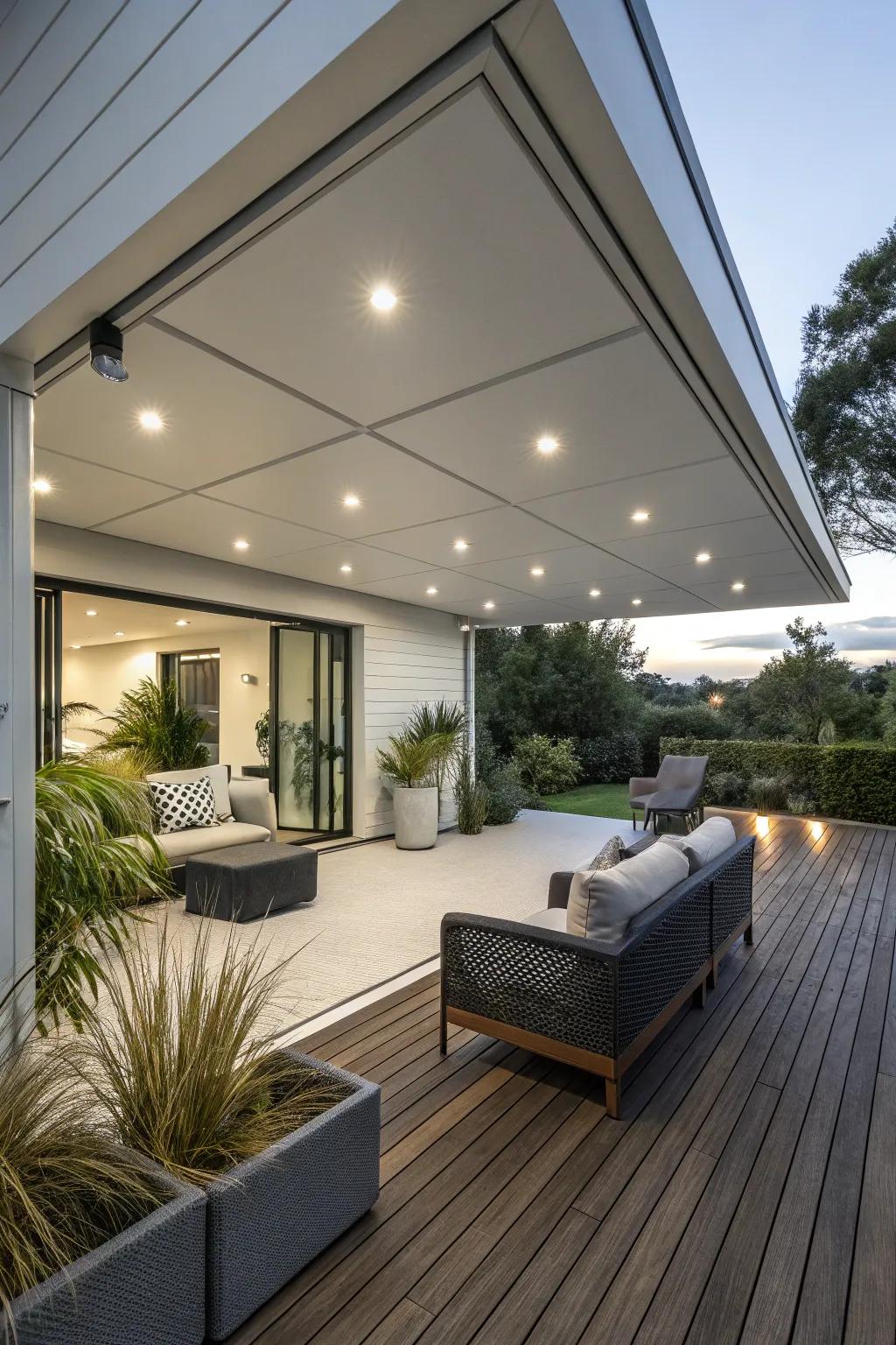Sleek recessed lighting integrated into a covered deck ceiling for a modern look.