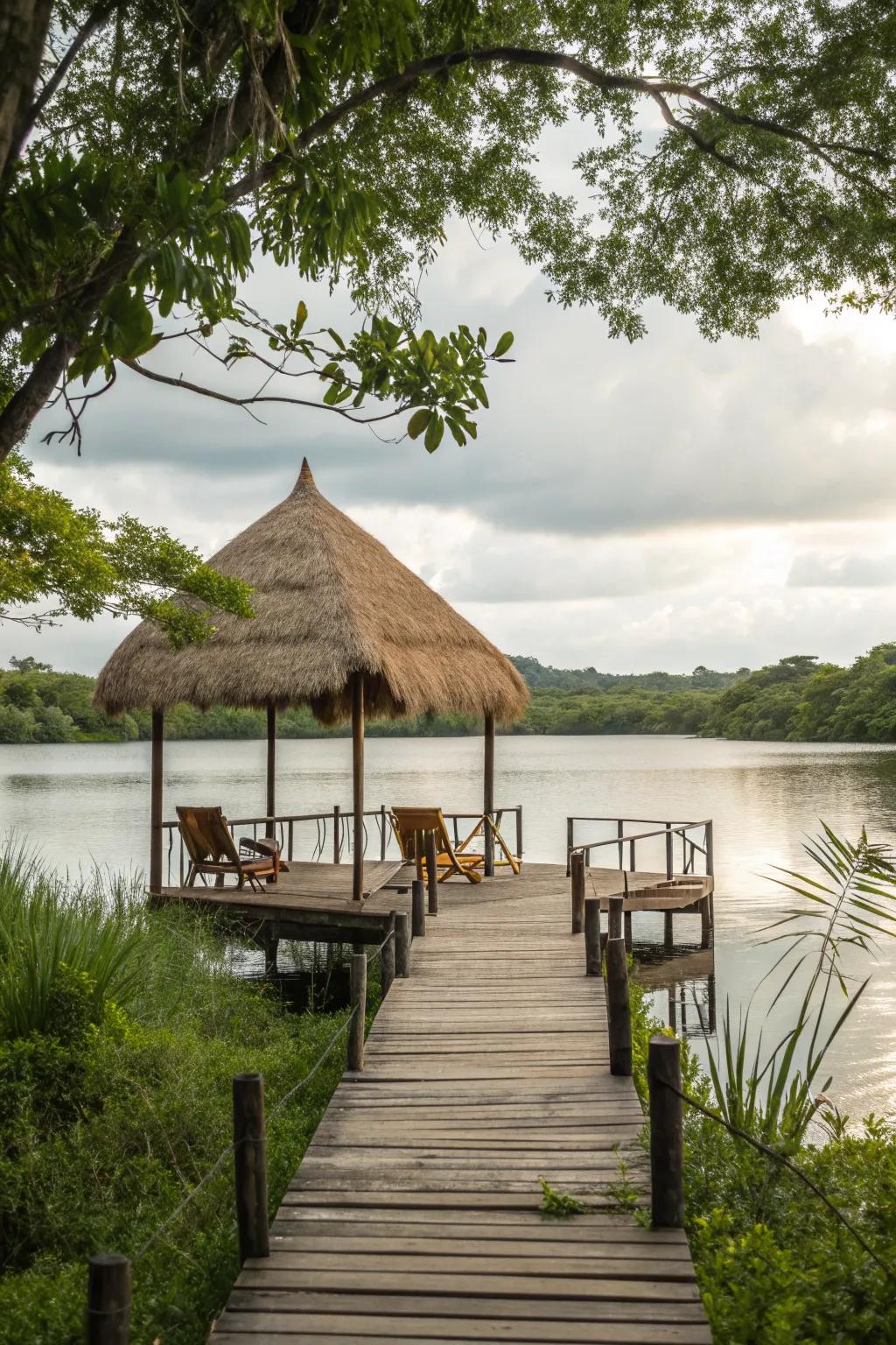 A reed roof brings a rustic charm to this covered dock.