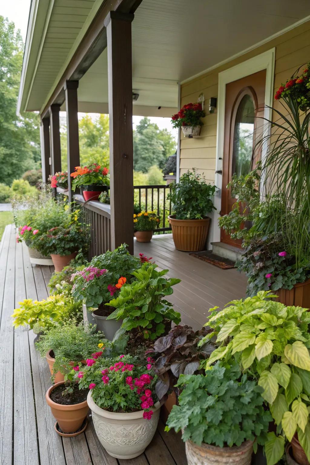 Potted plants add a lush, green touch to the porch.
