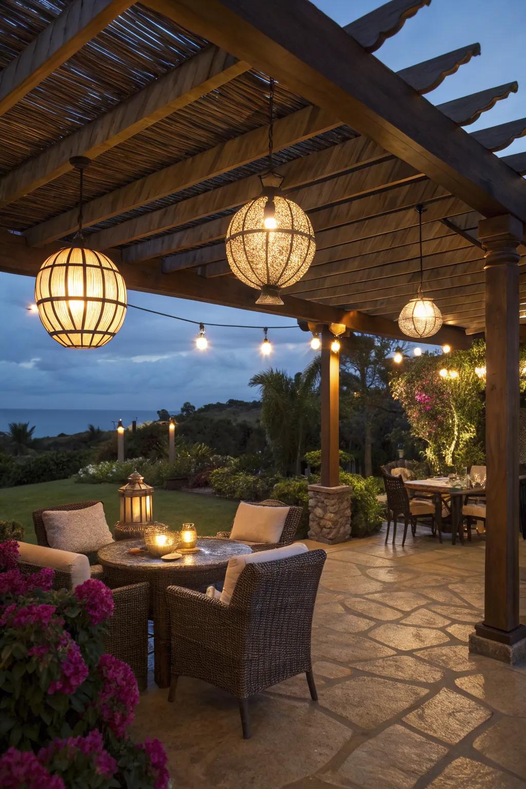 Ambient lighting creates a magical atmosphere on the lanai.