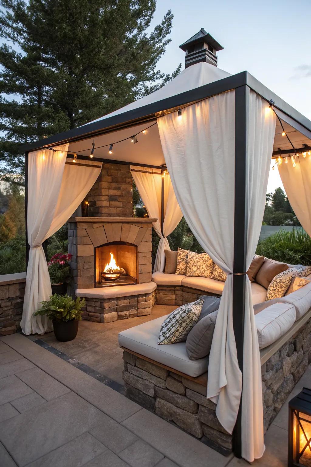 A cozy corner fireplace with a canopy, ideal for intimate gatherings.
