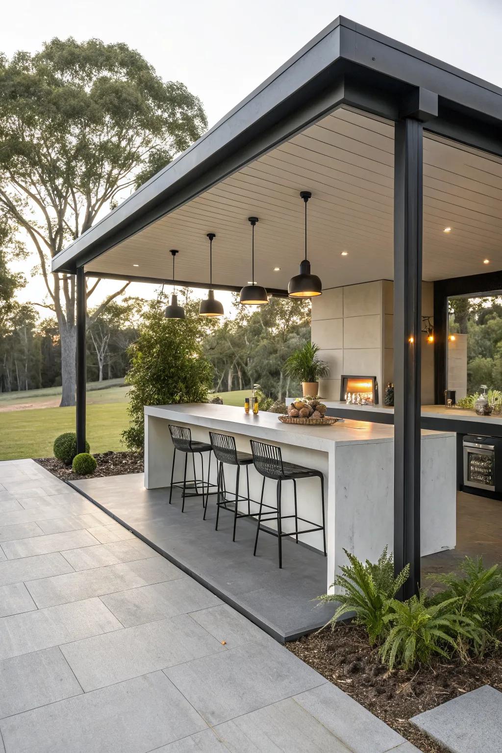 A chic modern pavilion houses this stylish outdoor kitchen bar.