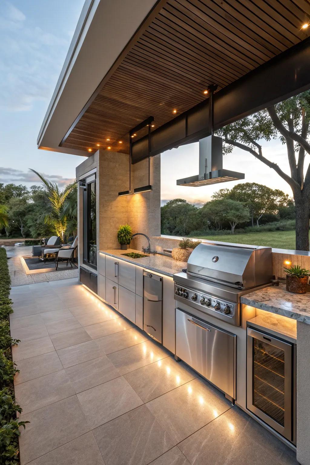 A modern outdoor kitchen with sleek design and ambient lighting.