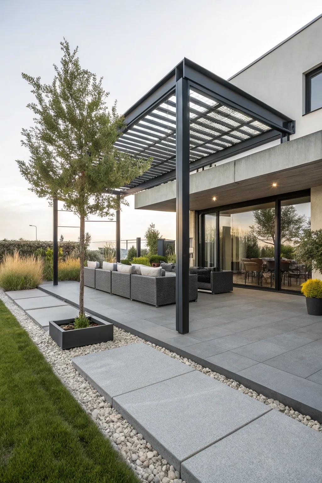 A sleek metal pergola offers a contemporary edge to your outdoor space.