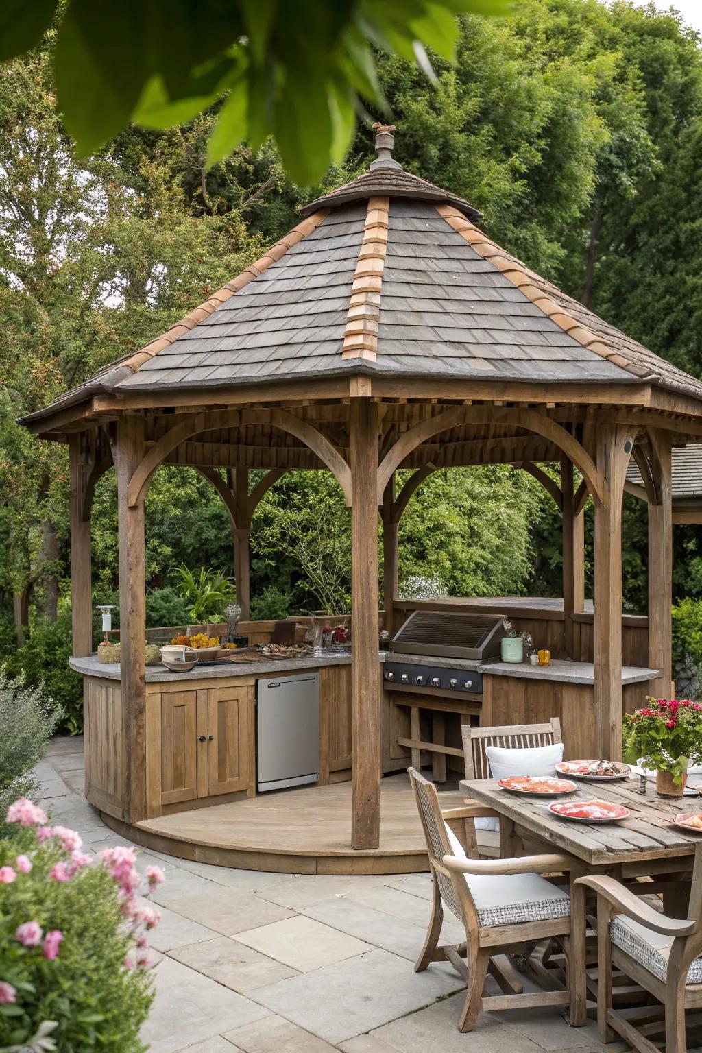 A grand gazebo sets a sophisticated scene for outdoor dining.