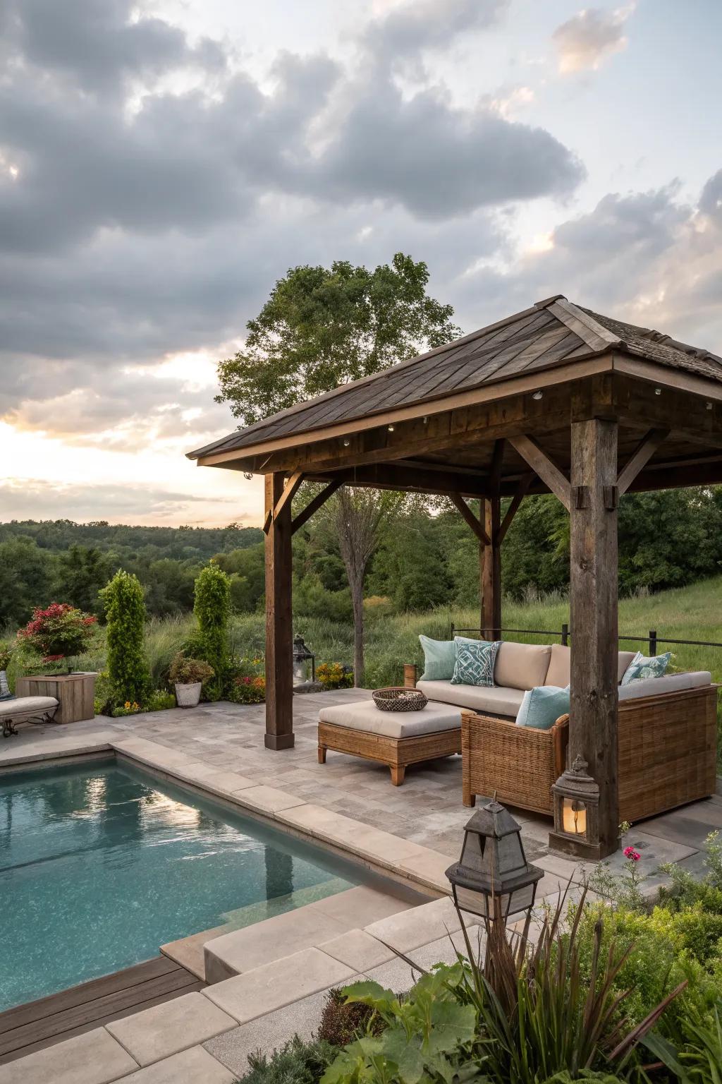 A rustic wood pavilion creates a warm and inviting retreat.